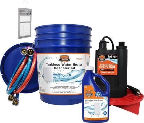 Chromex Kit de descarga de calentador de agua sin tanque con solución de descalcificación líquida certificada y bomba extra fuerte de 1/6 HP