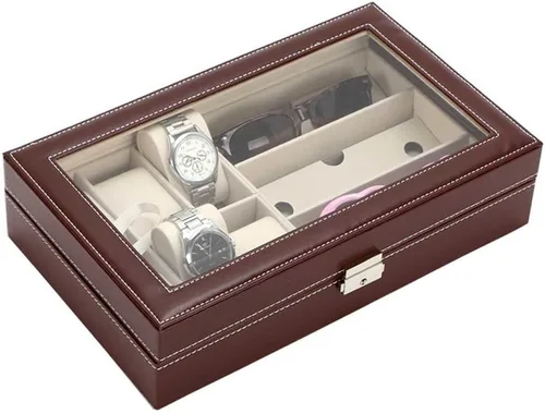 Miniatura 13 de AUTOARK AW-004 - Caja de cuero para 6 relojes y 3 lentes y gafas de sol con organizador de joyas, cajas de almacenamiento para hombre y mujer, tapa