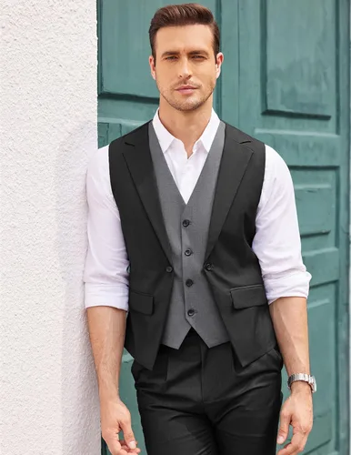 Miniatura 2 de COOFANDY Chaleco de traje en capas para hombre, chalecos de vestir formales, chaleco de boda ajustado