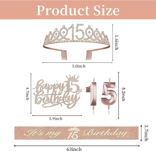 Miniatura 6 de Decoraciones de cumpleaños de 15 años para niñas; banda, corona/tiara, velas y adorno para pastel de cumpleaños de 15 años; regalos y decoraciones