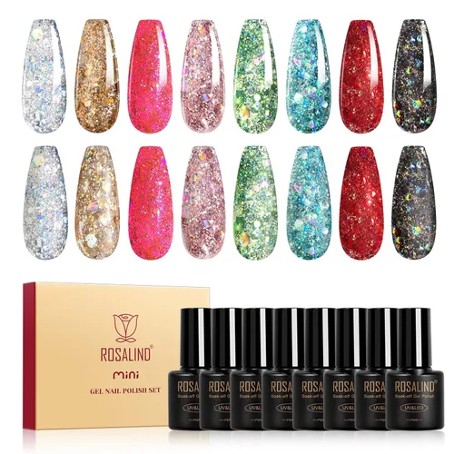 Miniatura 10 de ROSALIND Esmalte de uñas de gel azul, 8 colores azul marino claro azul oscuro con purpurina, juego de esmalte de uñas UV MINI Aquarius para manicura