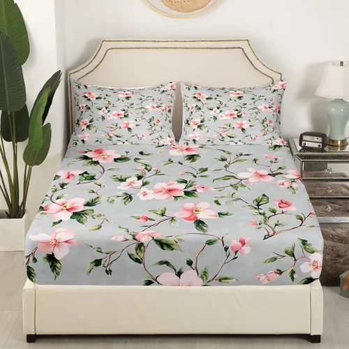 Miniatura 3 de Juego de ropa de cama de flores de hibisco, sábanas de plantas florales tropicales, sábana bajera botánica de Althea Shrubalthea, decoración de ropa