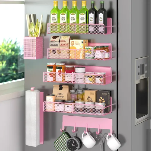 Miniatura 16 de Estante magnético para especias para refrigerador, paquete de 7 estantes magnéticos fuertes 100% de metal, organizador de especias con soporte