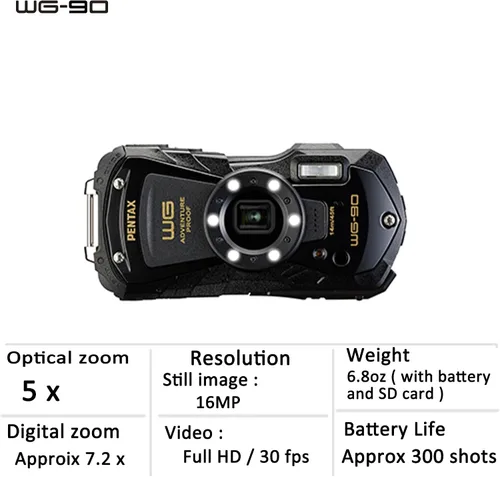 Miniatura 4 de PENTAX WG-90 Cámara impermeable negra, a prueba de golpes, a prueba de polvo, a prueba de congelación, anillo de luz integrada de 6 LED para Negro