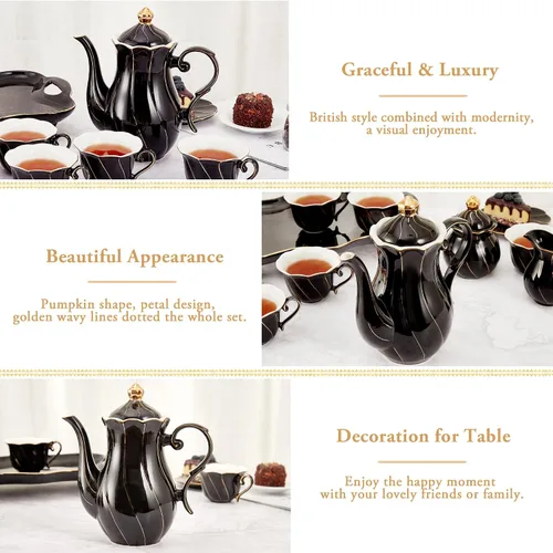 Miniatura 3 de DUJUST Tetera de porcelana estilo británico (40 onzas), tetera de cerámica de lujo con borde dorado, tetera de grado alimenticio con filtro