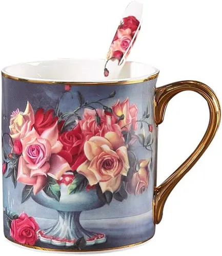 Miniatura 12 de Taza de café de porcelana de porcelana de hueso para la oficina de la cocina del hogar - Patrones de pájaros (azul)