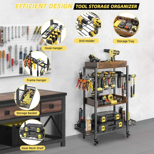 Miniatura 3 de Olakee Organizador de herramientas eléctricas, organizador de almacenamiento de garaje, estante de herramientas, estante de taladro, carrito