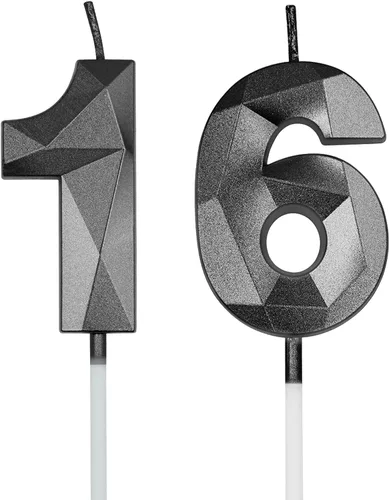 Miniatura 8 de Velas de cumpleaños número 16 y 61 para tartas, velas plateadas con forma de diamante 3D, decoración de cumpleaños, suministros de fiesta para Plata