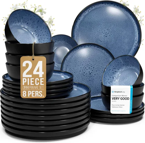 Miniatura 20 de Juego de vajilla de gres para 4 personas 12 piezas – Juego de platos y cuencos negros mate – Apto para lavavajillas, microondas y resistente a