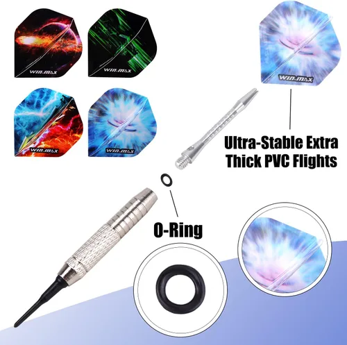 Miniatura 3 de WIN.MAX Darts Plastic Tip - Soft Tip Darts Set - 12 Pcs 18 Gram with 100 Extra Dart Tips 12 Flights Flight Protectors and Wrench for Electronic Dart