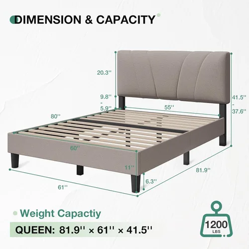Miniatura 2 de Novilla Base de cama tamaño Queen con cabecero, base de cama tamaño Queen con soporte de listones de madera, cabecero ajustable tapizado en lino,