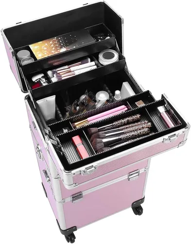 Miniatura 6 de Flandre Estuche de aluminio 3 en 1, organizador de cosméticos de belleza, caja de viaje de maquillaje, caja de tren con ruedas, bandejas plegables