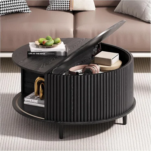 Miniatura 23 de Mesa de centro elevable con almacenamiento, mesa de centro moderna de mediados de siglo con patas de madera maciza, mesa central minimalista Roble