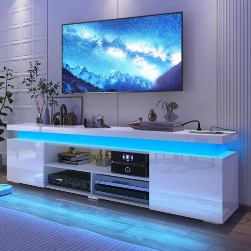 Miniatura 13 de Hlivelood Soporte de TV LED para TV de 75 pulgadas, moderno soporte de TV con toma de corriente, consola de TV de alto brillo con almacenamiento