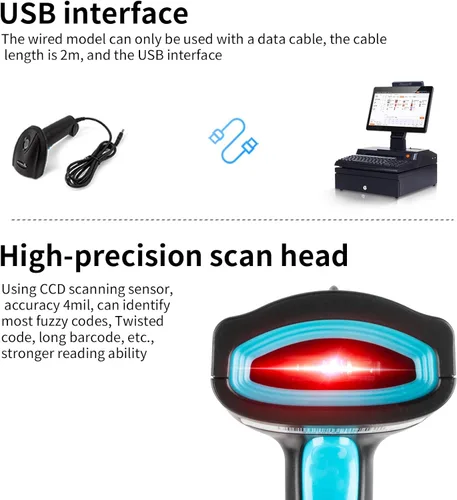 Miniatura 3 de Escáner de código de barras USB 1D con cable CCD, lector de código de barras compatible con pantalla, escáneres de código de barras para tienda
