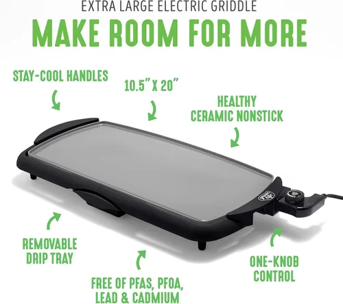 Miniatura 3 de GreenLife 20 x 50.8 cm Plancha Eléctrica Extra Grande, Cerámica Antiadherente Libre de PFAS y PFOA No Tóxica, Control de Temperatura, Calentamiento