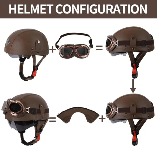 Miniatura 5 de Cascos de Motocicleta de Estilo Alemán, Medio Casco de Cuero Retro, Aprobado por el DOT, para Adultos, Hombres y Mujeres, Casco de Media Cara Marrón