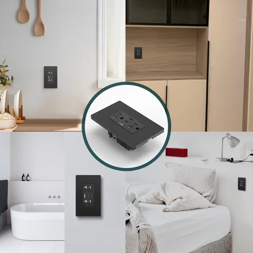 Miniatura 7 de TOPELER - Toma de corriente para montaje en pared con puertos USB 6.0A, dos tomas eléctricas de 20 amperios, tomas y puertos resistentes a la Negro