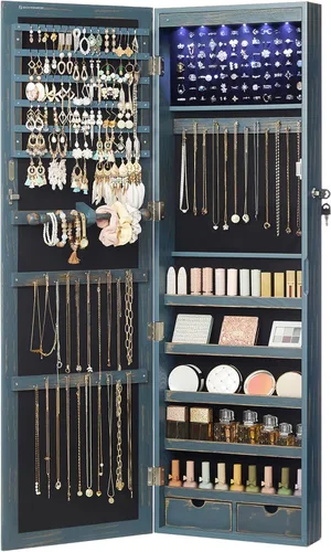 Miniatura 9 de Songmics - UJJC93W - Armario para joyas que se puede cerrar con llave, de montaje en pared o puerta, con espejo de 6 luces LED, para organización
