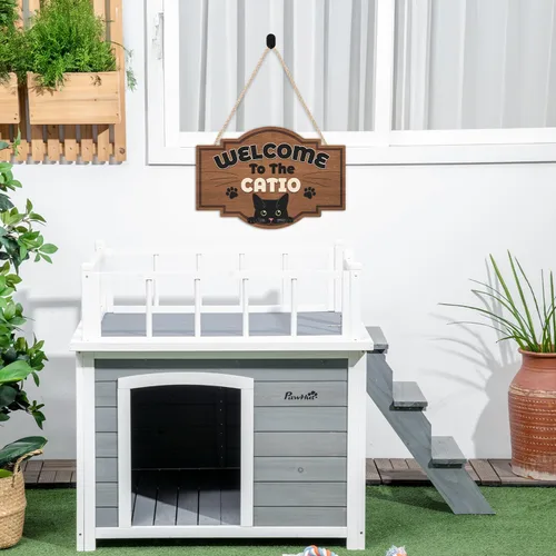 Miniatura 4 de HLNIUC Letrero de madera con texto en inglés «Welcome To The Catio» (11 x 8 pulgadas), divertido diseño de gatos negros, bonitos letreros de puerta