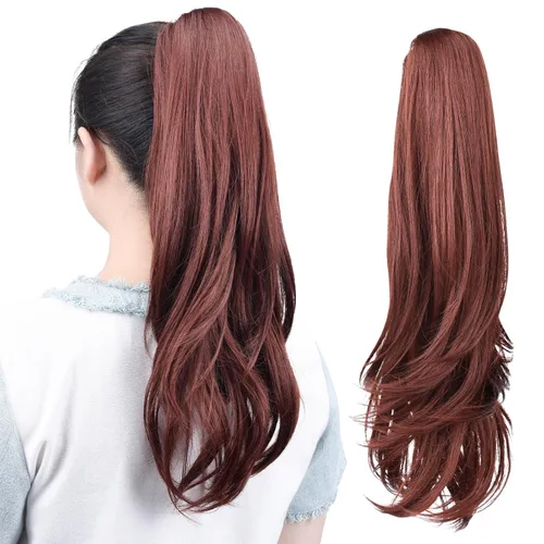 Miniatura 53 de Extensiones de cola de caballo, extensiones de cabello rizado con clip de garra de color marrón oscuro para mujer, peluca sintética de cola