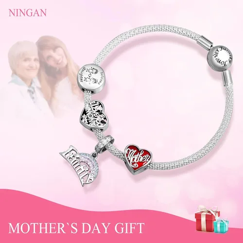 Miniatura 6 de NINGAN Dijes con dije de trébol de corazón con texto en inglés "I Love My Family" para mujer, regalo para mamá, familia, hermana, amigas