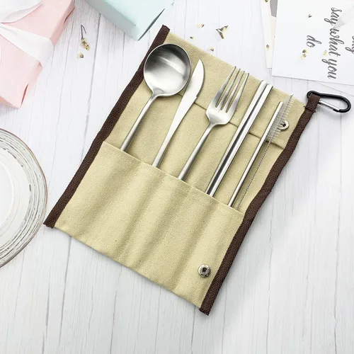 Miniatura 2 de JASHII El juego de cubiertos de viaje incluye cuchillo reutilizable, tenedor, cuchara, palillos, pajilla, utensilios ecológicos, utensilios