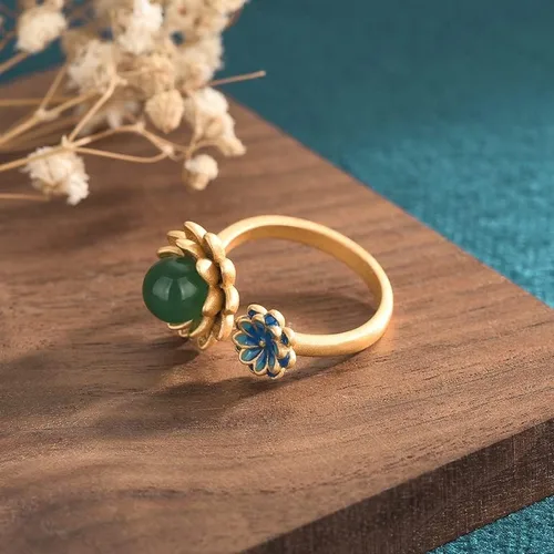 Miniatura 7 de Anillos de jade de loto chino para mujer, anillo étnico ajustable de apertura, Esmalte, No