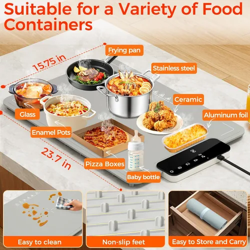 Miniatura 6 de Tapete de calentamiento para alimentos Apto para lavavajillas, calentador de alimentos de superficie completa con 6 modos ajustables y Plata Gris
