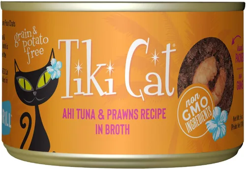 Tiki Cat Grill - Alimento húmedo bajo en carbohidratos con mariscos enteros en caldo para gatos y gatitos adultos, 6 onzas, 8 unidades, atún y gambas