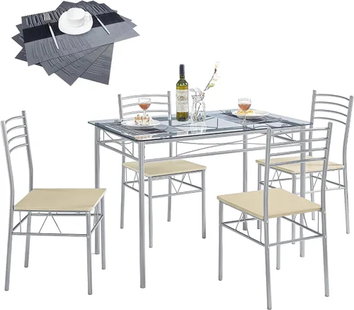 Miniatura 12 de VECELO juego de mesa de bar pequeña y sillas para 2, taburetes tapizados y estantes de almacenamiento de vidrio, para cocina, comedor, rincón