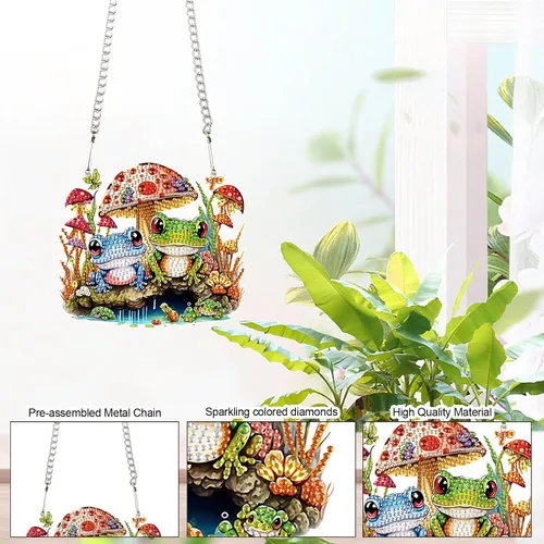Miniatura 5 de AiYuanzsh DIY 5D Mushroom Frogs Kits de pintura de diamantes Letrero colgante de arte de pared Arte de diamante Colgante de ventana Colgante de Dos