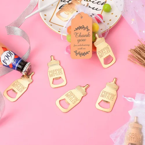 Miniatura 5 de 24 piezas de regalos de baby shower para invitados, diseño Poppin, abrebiberones, regalos de devolución o recuerdos con etiquetas de regalo y bolsas