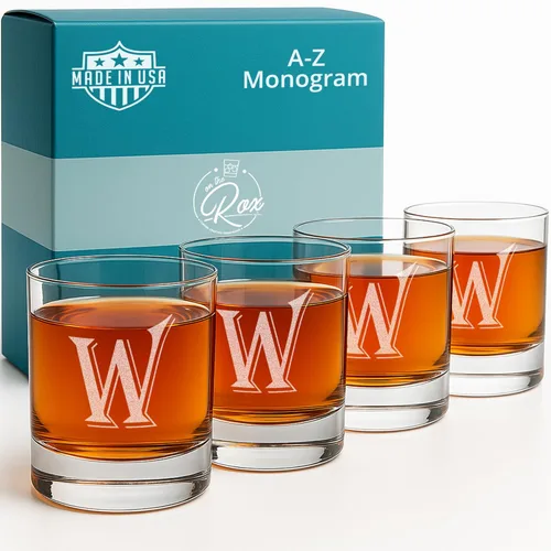 Miniatura 25 de On The Rox Drinks Juego de 4 vasos de vidrio grabados con monograma B, 11 onzas