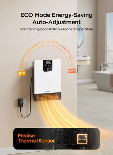 Miniatura 4 de GiveBest Calentador de pared para baño, calentador eléctrico de calentamiento rápido de 1500 W con enchufe ALCI, termostato ajustable, 3 modos