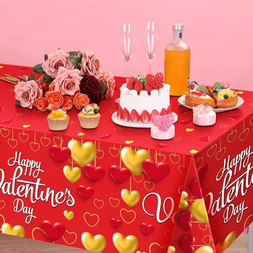 Miniatura 5 de WovWeave Mantel de plástico de 3 piezas de San Valentín, diseño de corazón rojo y dorado, para el Día de San Valentín, desechable, rectangular