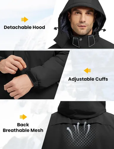 Miniatura 6 de Rdruko Chaqueta impermeable de esquí para hombre, abrigo de montaña con capucha de forro polar aislado de invierno, negro, XL