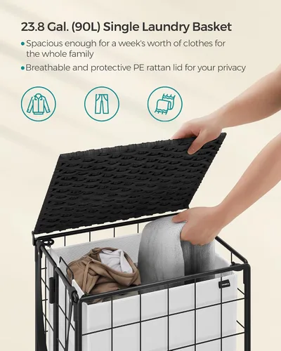 Miniatura 3 de SONGMICS Cesta de lavandería de 90 litros con tapa, cesta de ropa con ruedas, bolsa de forro extraíble plegable, clasificador de ropa hecho