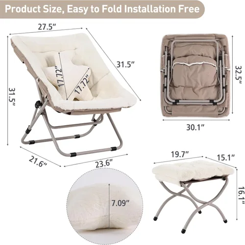 Miniatura 3 de Welnow Cómoda silla platillo con otomana, silla de lectura plegable de gran tamaño para adultos con almohada, silla de salón de piel sintética suave