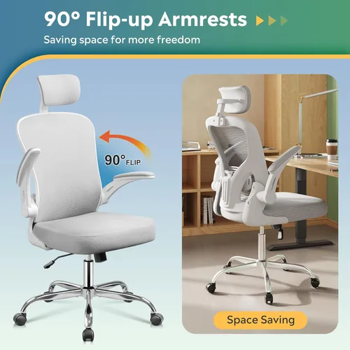 Miniatura 7 de DEVAISE Silla de oficina, silla de escritorio ergonómica de malla con respaldo alto con reposabrazos abatibles, reposacabezas ajustable y soporte