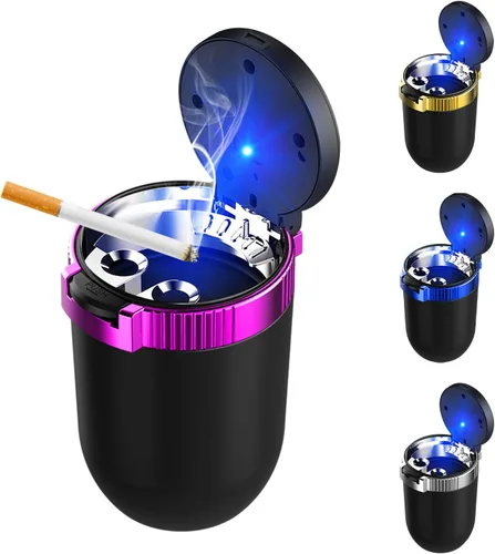 Miniatura 10 de Ohleats Cenicero de coche con tapa, cenicero desmontable de acero inoxidable con luz LED azul, cenicero portátil mini para vehículo, portavasos
