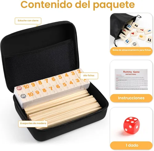 Miniatura 4 de Rummy Cube - Edición para 6 jugadores con 6 bastidores y bandejas de madera, juego de 160 fichas de Rummy de números grandes con funda