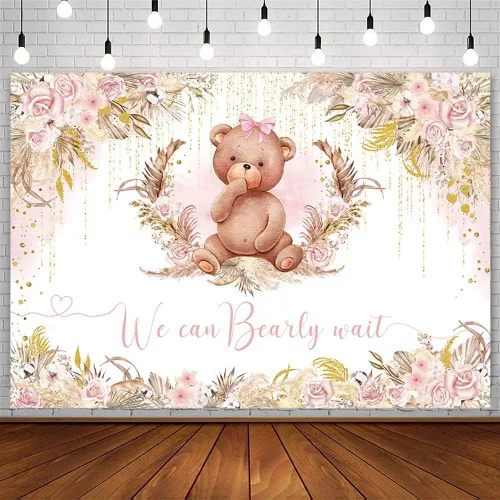 Miniatura 10 de AIBIIN Telón de fondo bohemio para baby shower de 10 x 7 pies para niño, We Can Bearly Wait Oh Baby, fondo de fotografía de flores azul real, hierba