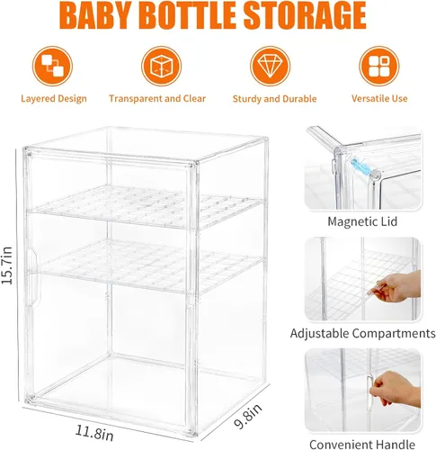 Miniatura 2 de YESGIRL Organizador de biberones transparente de 3 niveles, almacenamiento acrílico apilable transparente con cajón para encimera, estación