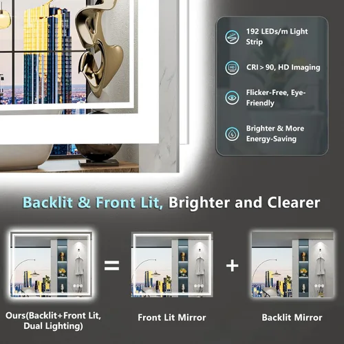 Miniatura 3 de 30x36 Espejo de baño LED con luces, retroiluminado y luz frontal, espejo de tocador iluminado antivaho para pared de baño, 3 colores, regulable