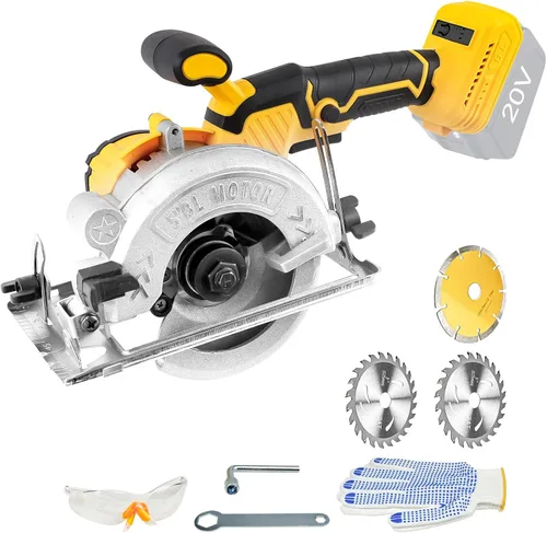 JOJOCY Sierra circular inalámbrica sin escobillas de 5 pulgadas, 6200 RPM, 2 cuchillas de madera, 1 guante de hoja de azulejos, solo herramienta