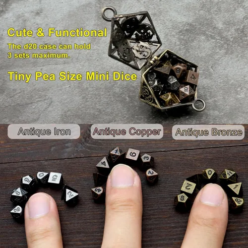 Miniatura 4 de Haxtec Mini Juego de Dados de Metal DND con Estuche de Cuello Hueco Juego de Dados de Metal Pequeños Antiguos Juego de Llaveros D&D Portátil Juego