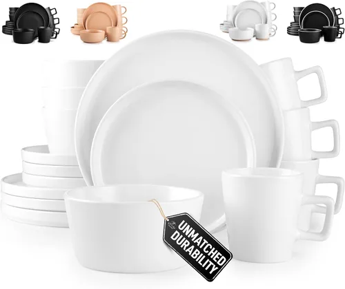 Miniatura 14 de Zulay Kitchen Luna - Juego de platos y cuencos, juego de vajilla de porcelana moderno de 16 piezas para 4, resistente a las astillas y a los Blanco