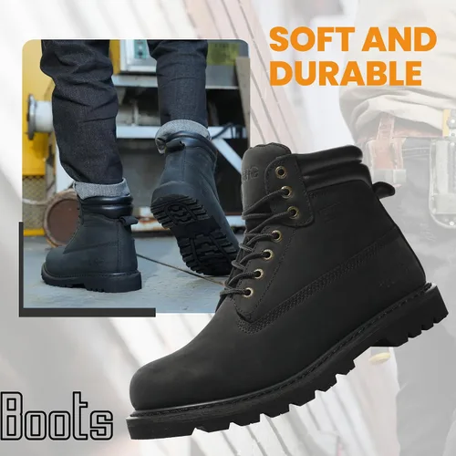 Miniatura 6 de Botas de trabajo para hombre, impermeables, con puntera suave, antideslizantes, cómodas, botas de trabajo de cuero Negro