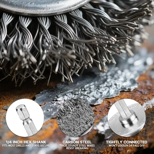 Miniatura 6 de Cepillos de alambre de 2 pulgadas para taladro, kit de cepillos de rueda de alambre de acero inoxidable con vástago hexagonal de 1/4 pulgadas, 6